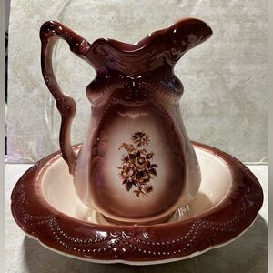 Vintage Ironstone USA Victorian Style Pottery Pink  Rose Pitcher And Bowl Set